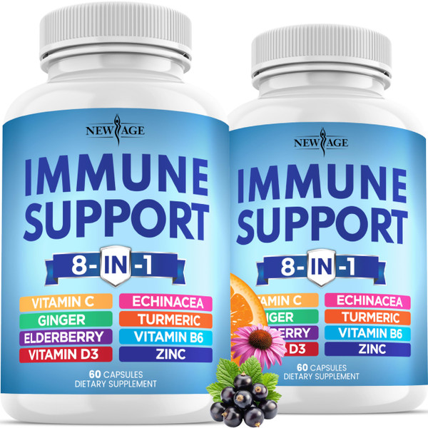 NEW AGE 8 in 1 Immune Support Booster Supplement with Echinacea, Vitamin C and Zinc 50mg, Vitamin D 5000 IU, Turmeric Curcumin & Ginger, B6, Elderberry 120 Count (Pack of 2)