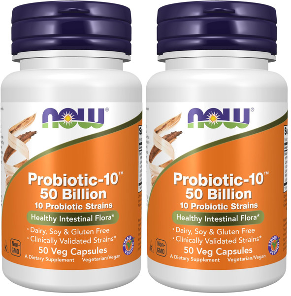 NOW Foods Supplements,Probiotic-10™,50 Billion,with 10 Probiotic Strains,Strain Verified,50 Veg Capsules,(Pack of 2)