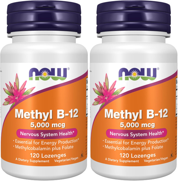 NOW Foods Supplements, Methyl B-12 (Methylcobalamin) 5,000 mcg, Nervous System Health*, 120 Lozenges, (Pack of 2)