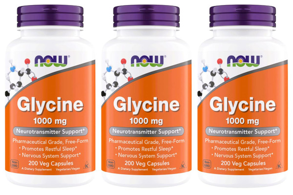 NOW Foods Glycine 1000mg, Free-Form Pharmaceutical Grade, Neurotransmitter Support*, Promotes restful Sleep*, Gluten Free, Vegan, Kosher 200 Vegetarian Capsules (600)