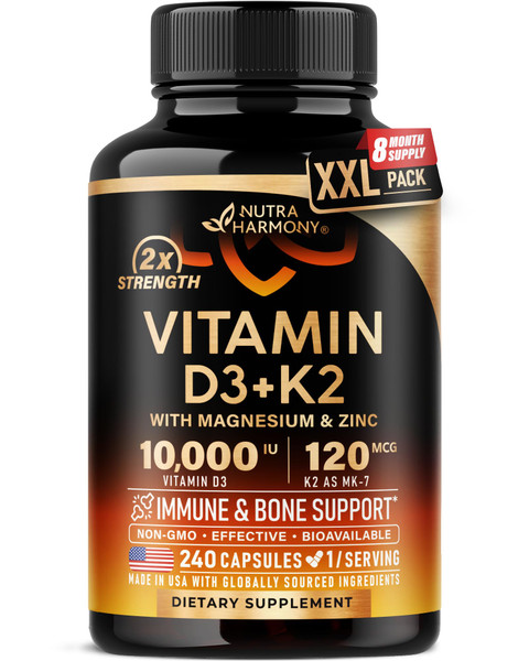 Vitamin D3 K2 - Vitamin D3 10000 iu & K2 as MK-7 120 mcg - Immune & Mood Support, for Bone & Teeth Health - with Magnesium, Zinc & Vitamin C & B12 - Highly Bioavailable - Gluten Free, 240 Capsules