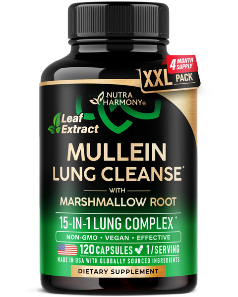 Mullein Lung Detox - Mullein Leaf 10:1 Extract - Marshmallow Root | Echinacea | Oregano | Quercetin | NAC - 15-in-1 Lung Support & Cleanse for Smokers Supplement - for Women & Men - 120 Vegan Capsules