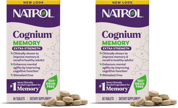 Natrol Cognium Memory Extra Strength, Brain Health Supplements for Adults, Brain Memory Supplements, Enhances Mental Agility in Healthy Adults, 60 Tablets, Up to a 30 Day Supply, (Pack of 2)