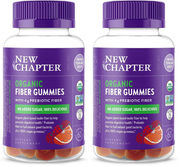 New Chapter Organic Fiber Gummies for Adults & Kids (Age 4+), Plant-Based Prebiotic Fiber for Digestive Health, Vegan, Non-GMO, USDA Organic, Gluten Free, Citrus-Berry Flavored, 60 ct, (Pack of 2)