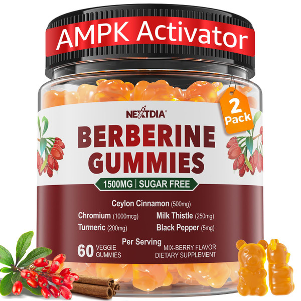 Berberine Gummies Supplement 1500mg, Natural GLP-1 Support + Ceylon Cinnamon, Chromium, Milk Thistle, Turmeric, AMPK Activator for Women & Men, Berberine HCl from Indian Barberry, Sugar Free, 2 Pack