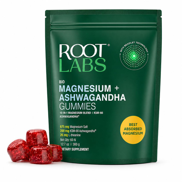 ROOT LABS Magnesium Glycinate Gummies 675mg | Multi-Form Liposomal Magnesium Salt, Ashwagandha, L-Theanine | High Bioavailability | Stress Relief, Sleep Support & Recovery | 60 Gummies