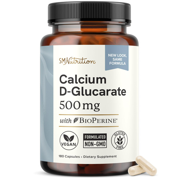 Calcium D-Glucarate | 500mg | CDG for Liver Detox and Cleanse, Hormone Balance, and Menopause Support | Calcium Supplement | Vegan, Non-GMO, & Third-Party Tested | 180 Capsules (6-Month Supply)