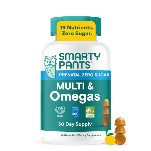 SmartyPants Zero Sugar Prenatal Multi & Omegas Multivitamin Gummies with Omega 3 ALA, Methylfolate, Biotin, Vitamins D3, C, No Sugar Alcohols, Clean Label, Lemon Flavor, 90 Gummies (30 Day Supply)
