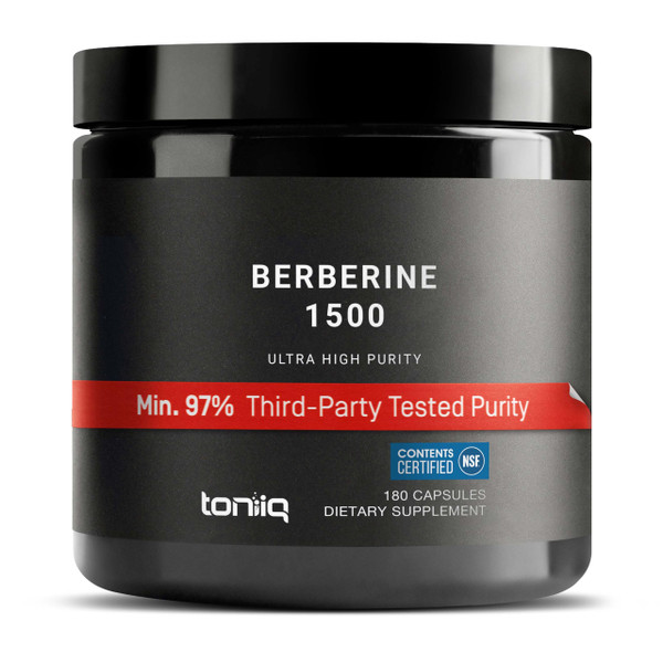 Toniiq NSF Certified Ultra High Strength Berberine HCl from The Himalayas - 100:1 Concentrated Extract - Lab-Tested 97% Berberine HCl - 180 Vegetarian Capsules, 1500 mg per Serving