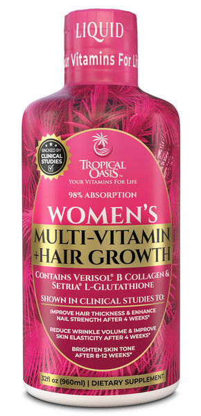 Tropical Oasis Women's Liquid Multivitamin + Hair Growth | Clinically Tested for Thicker Hair, Wrinkles, Brighter Skin, Strong Nails | 2.5g Verisol Collagen | Biotin 12500mcg | 32 Serv