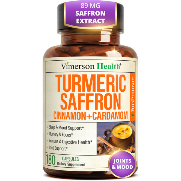 Saffron Supplements with Turmeric Curcumin, Saffron Extract (89mg), Ceylon Cinnamon, and Cardamom for Women and Men – Turmeric Supplement for Daily Inflammation, Mood & Joint Support – 180 Capsules