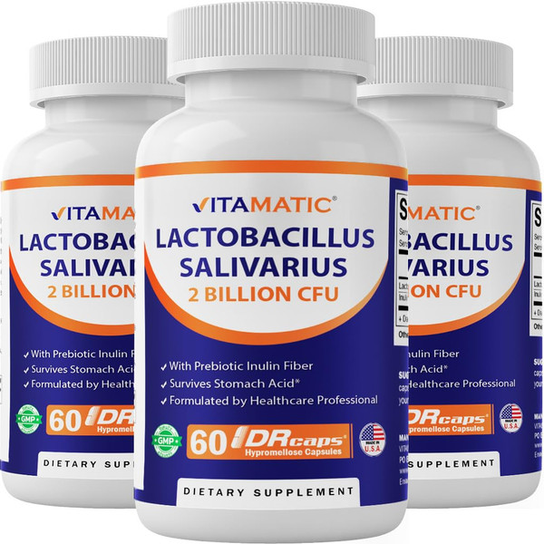 Vitamatic Lactobacillus Salivarius 2 Billion per DR Capsule - 60 Count - Digestive Support - Made with Prebiotic Inulin Fiber (3 Bottles)