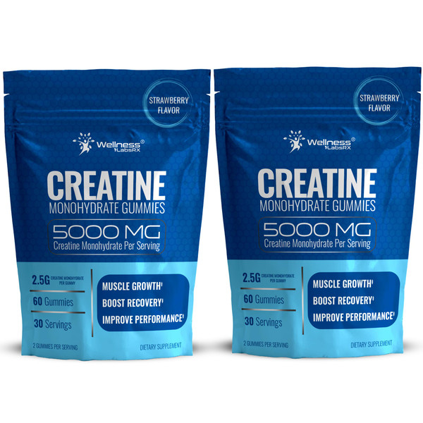 WELLNESS LABSRX Creatine Gummies 5000mg, 30 Servings Creatine Monohydrate Gummies, Strawberry Flavor Creatine for Men - Pack of 2