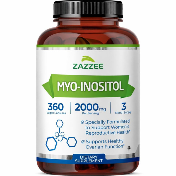 Zazzee Myo-Inositol Capsules, 2000 mg per Serving, 360 Vegan Capsules, Ideal Dosage for 40:1 Ratio, Kosher, 100% Vegetarian, Hormone Balance & Healthy Ovarian Function Support, All-Natural and Non-GMO