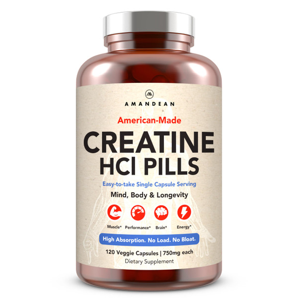 AMANDEAN Creatine HCl Pills. American Made CON-CRET. 120 Capsules, 4-Month Supply. 7X Concentrated vs Monohydrate. No Bloat. Brain Health, Muscle, Energy & Recovery for Women & Men. No Loading Phase.