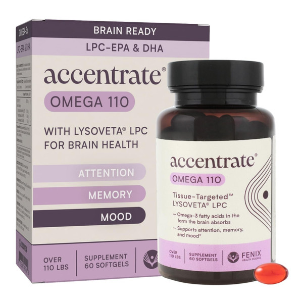 Omega 110 w/LYSOVETA | High Potency LPC & Lyso-DHA Omega-3 Supplement | Brain Health, Focus & Mood | 6X Higher Absorption