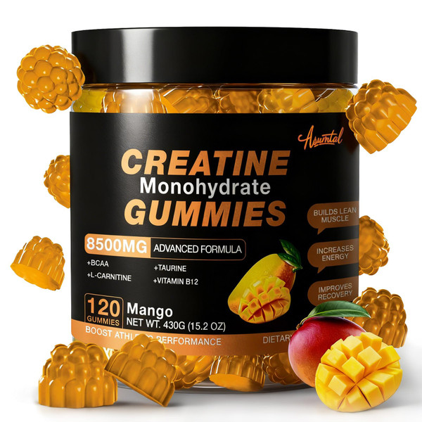 Asumtal Creatine Monohydrate Gummies 8500 MG for Men and Women, Creatine Monohydrate Supplement for Muscle Growth, Strength & Energy Support, Pre Workout Gummies 120 Count Mango Flavor