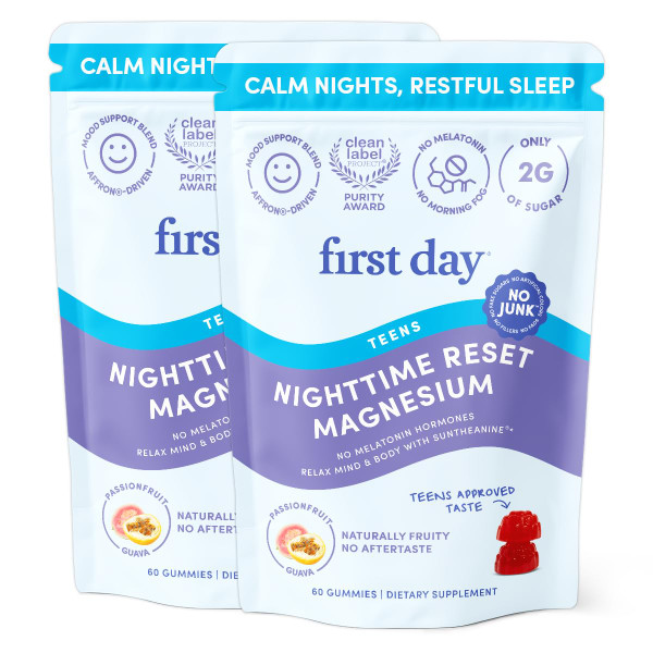 First Day Teens’ Nighttime Reset Calming Magnesium Gummies – Sleep Aid Supports Peaceful Rest, Balanced Mood & Energy – Supplement with Magnesium Citrate, Affron & No Melatonin – 60-Day Supply