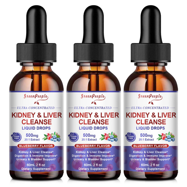 GREENPEOPLE Kidney Cleanse Detox & Repair - 27-In-1 Kidney & Liver Drops with 20:1 Cranberry Extract & Chanca Piedra, Alcohol-Free Supplement for Urinary Tract & Liver Support (2 Oz 3 Pack, Blueberry)