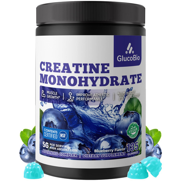 GlucoBio Creatine Monohydrate Gummies (5g) – Pre-Workout Energy & Muscle Growth Support for Men & Women | Blueberry Electrolyte Gummies (135 Count)