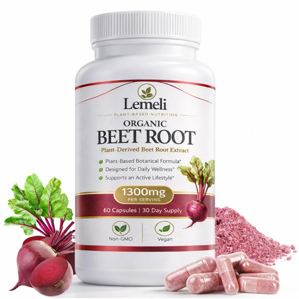 Lemeli Beetroot, Beet Root Capsules 1300mg Nitric Oxide Booster with Beetroot Extract, Vitamin C & Black Pepper, High Nitrate Vegan Supplement, 60 Count