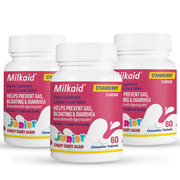 Milkaid Junior Lactase Enzyme Chewable Tablets for Lactose Intolerance | Prevents Gas, Bloating, Diarrhea in Children| Fast Acting Dairy Digestive Supplement for Kids| Strawberry Flavor | 60 ct (3)