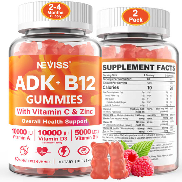 Sugar-Free ADK+Vitamin B12 Gummies - Vitamin D3 K2 10,000IU/ 5000IU, B12 5000mcg 2500mcg, K2 (MK-7) 240mcg, Multivitamin Adults-Vitamin A,Vegan Vitamin D,Methyl B12,C,Zinc-Eye,Bone,Energy,Nerve,Immune