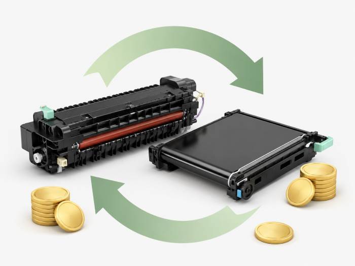 Printer fuser unit and transfer belt surrounded by recycling arrows and gold coins, representing a trade-in-for-cash program.