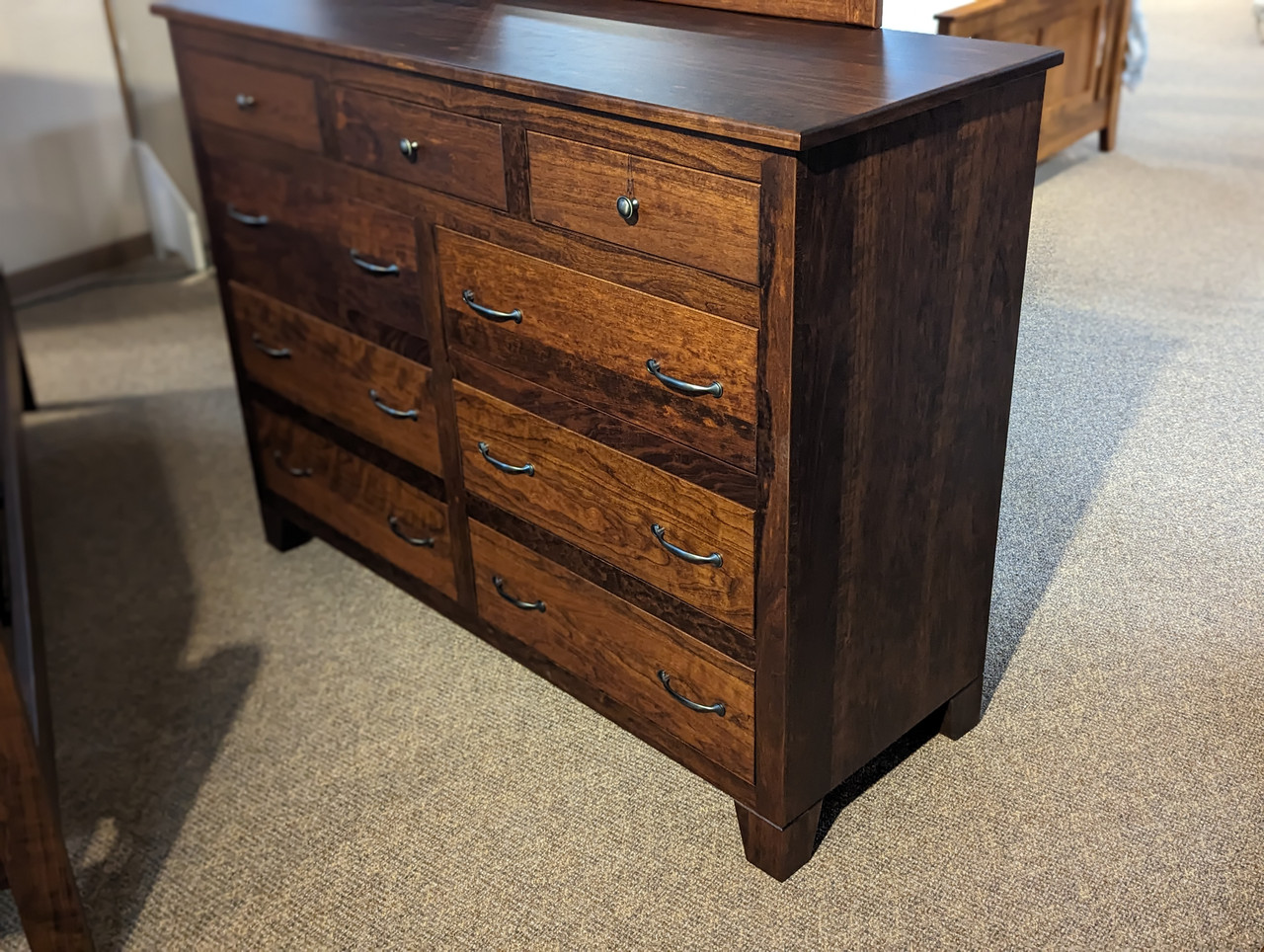 Amish Cherry 9 Drawer Dresser with Mirror - Brighton
