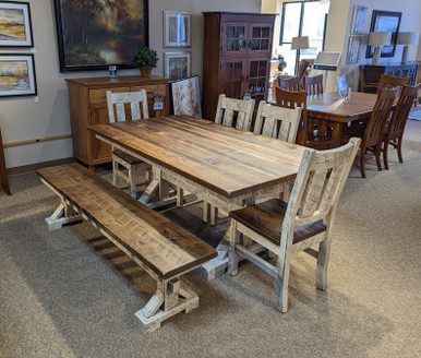 Amish Rustic Table and Bench - Reclaimed Wood Trestle Design