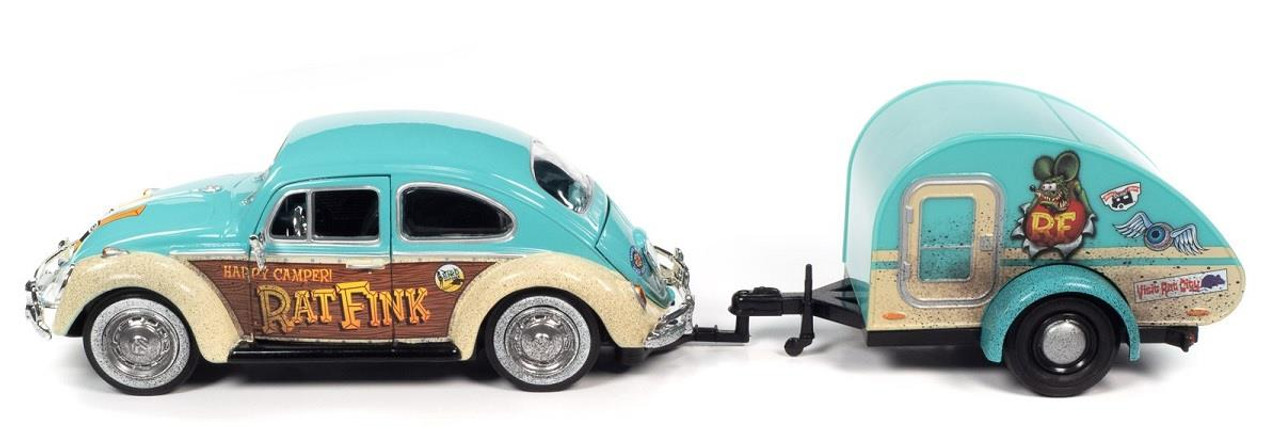 Auto World 1:24 Scale 1966 VW Beetle w/ Tear Drop Trailer & Rat Fink Figure  AW24017