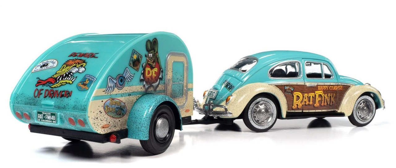 Auto World 1:24 Scale 1966 VW Beetle w/ Tear Drop Trailer & Rat Fink Figure  AW24017