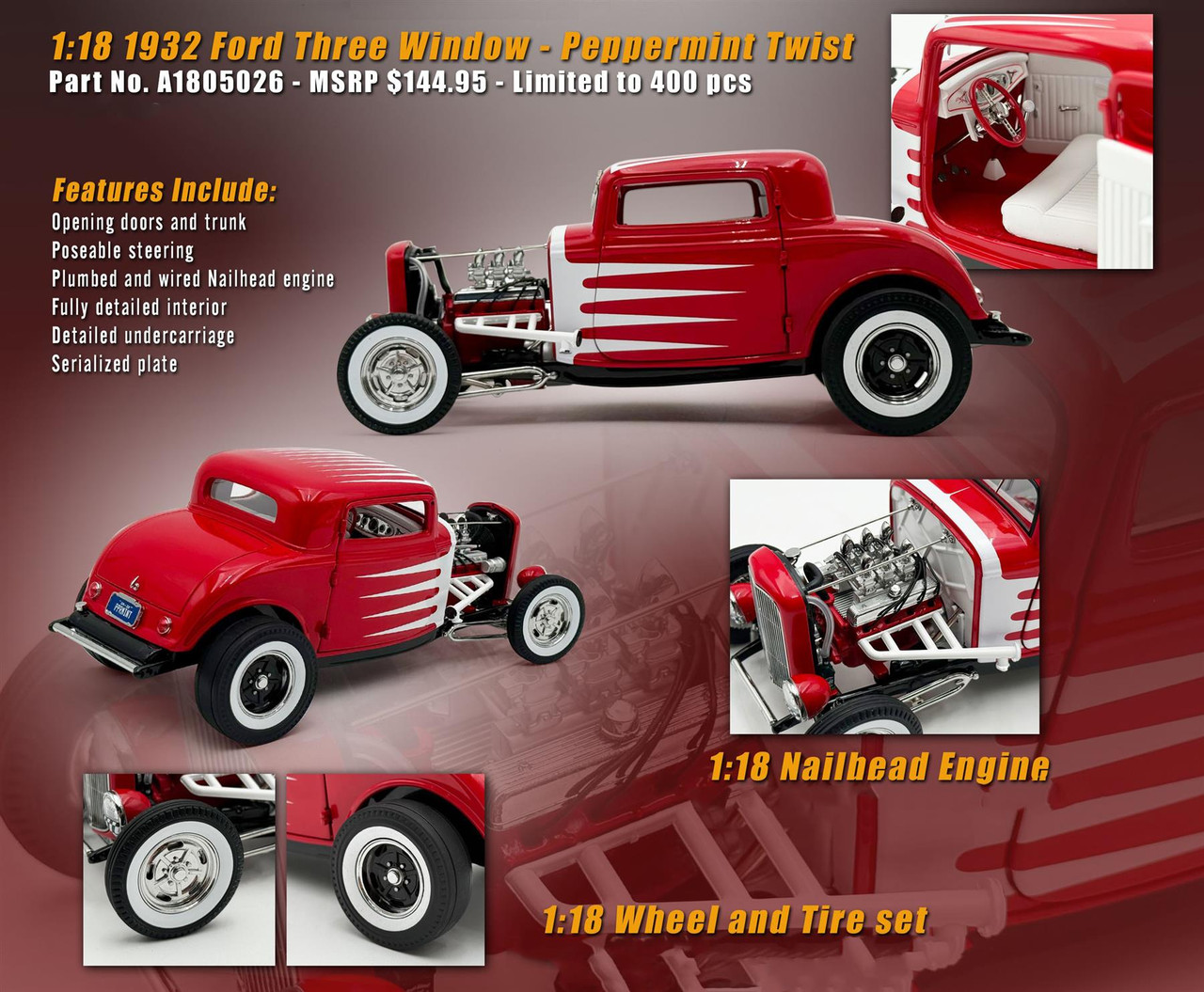 Acme 1:18 Scale 1932 Ford 3 Window - Peppermint Twist A1805026