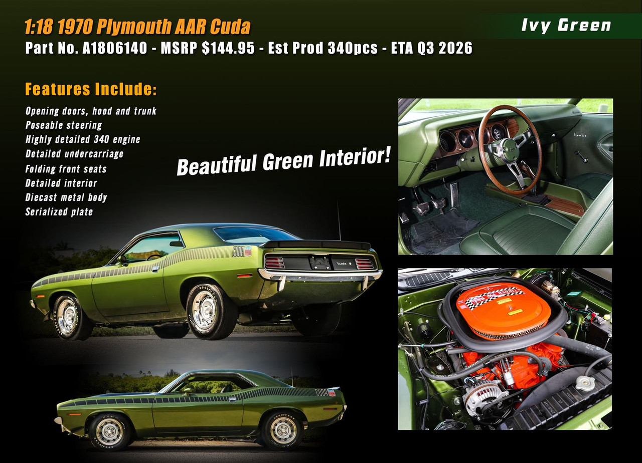 Acme 1:18 Scale 1970 Plymouth AAR Cuda - Ivy Green A1806140