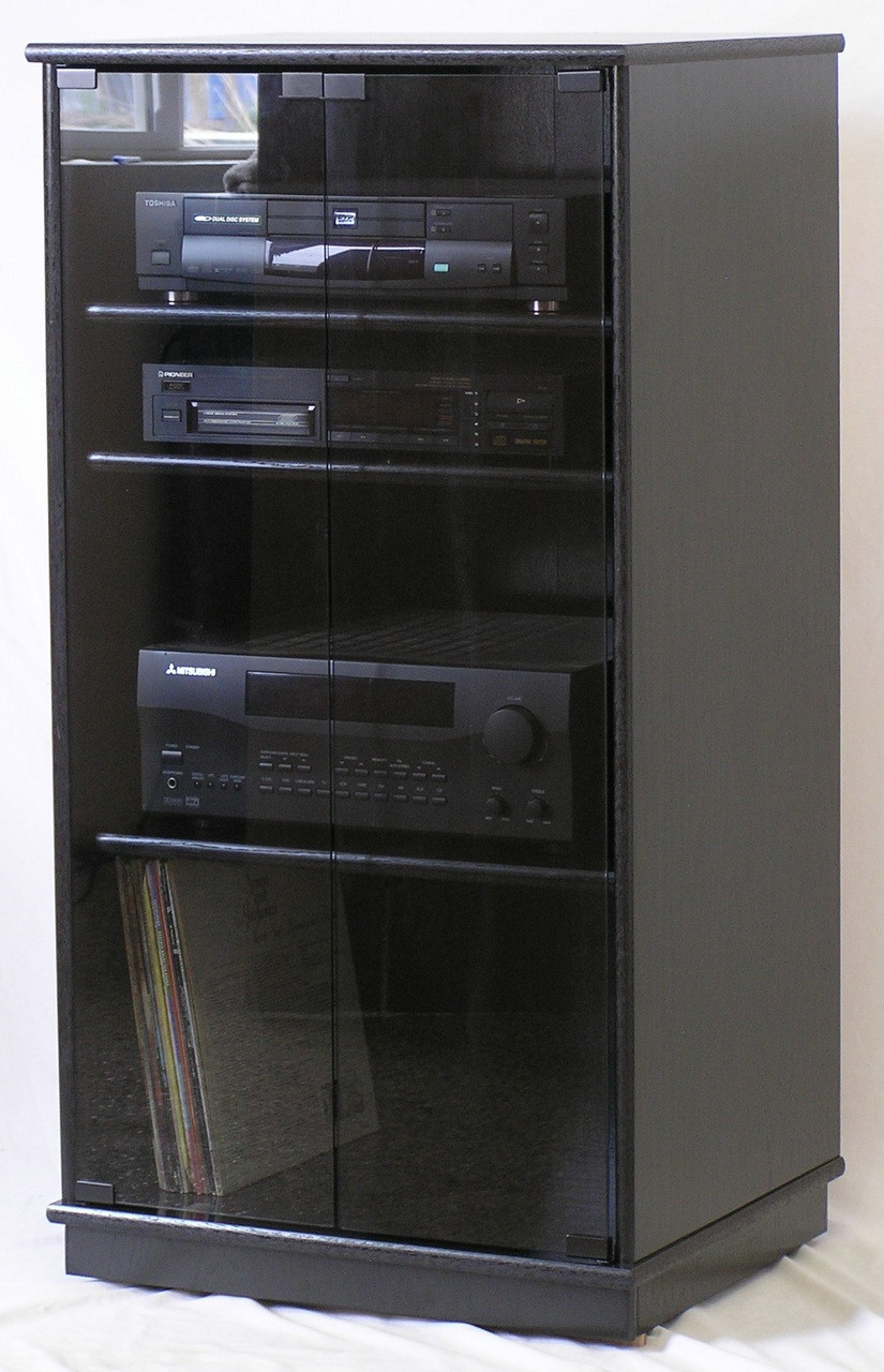 Of Small Black Oak Tv Stand With Gray Tint Glass Doors