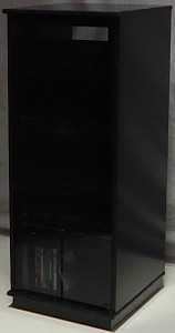 Narrow Stereo Cabinet 50"H  shown in  Black on Oak with gray glass doors. http://www.decibeldesigns.com  telephone 888.850.5589