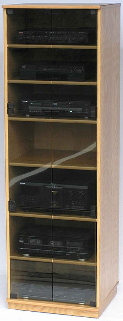 Audio cabinet with glass doors 73 inches high. Shown in light brown oak finish with gray tint tempered glass doors. 6 dual wheel casters hidden behind trim. decibeldesigns.com 888.850.5589