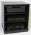 Front view of small black oak entertainment center stereo cabinet. (888) 850-5589 http://www.decibeldesigns.com