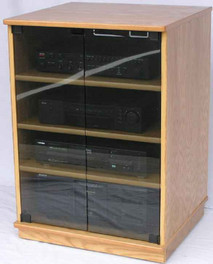 TV stands with glass doors shown in light brown oak with gray tint tempered doors.  decibeldesigns.com 888.850.5589