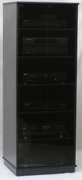 Audio rack with glass doors. Shown in black oak finish with full length gray tint tempered glass doors. All black door hardware. decibeldesigns.com  888.850.5589