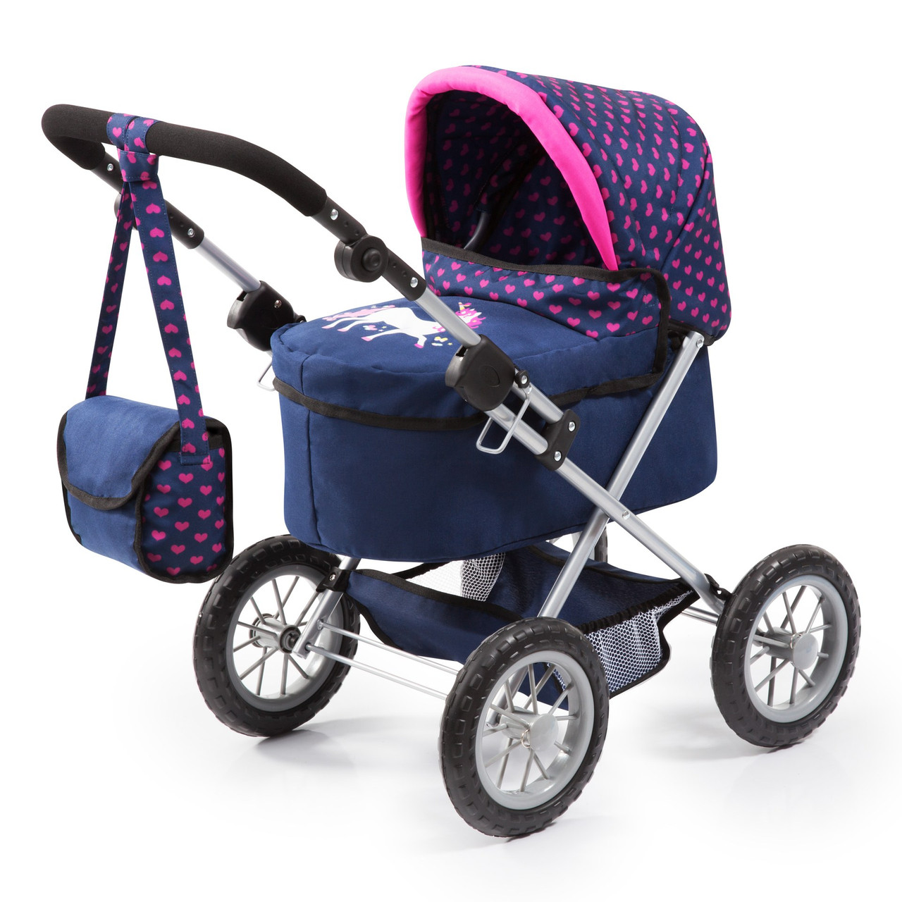 Bayer Trendy Doll Pram Dark Blue with Pink Hearts & Unicorn Bayer Trendy Doll Pram Dark Blue with Pink Hearts & Unicorn