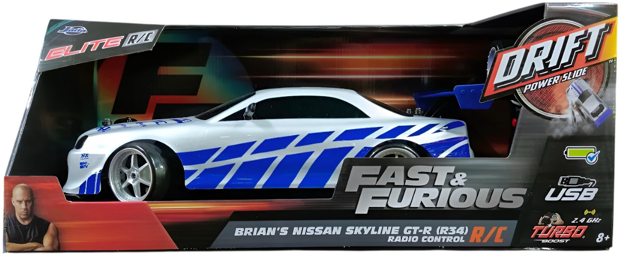 1:10 Fast & Furious Drift R/C 2002 Nissan Skyline GT-R (BNR34) Silver Window Box