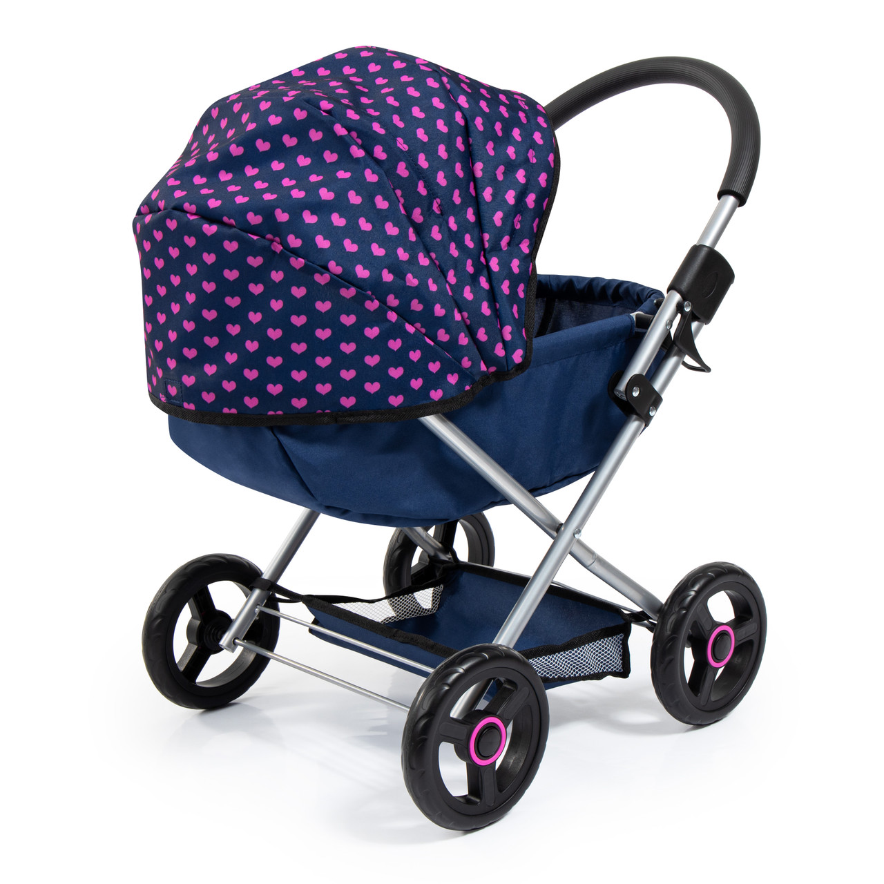 Bayer Cosy Doll Pram - Dark Blue With Pink Heart Hood