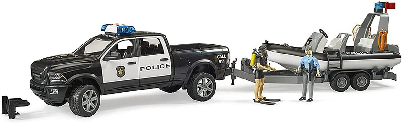 Bruder RAM 2500 Police Pickup with Light & Sound, Trailer and Boat