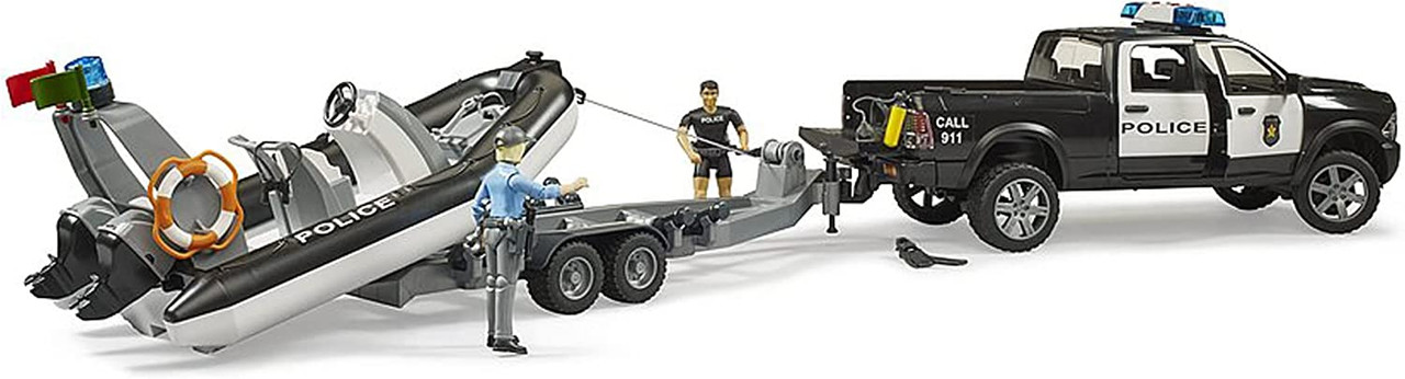 Bruder RAM 2500 Police Pickup with Light & Sound, Trailer and Boat