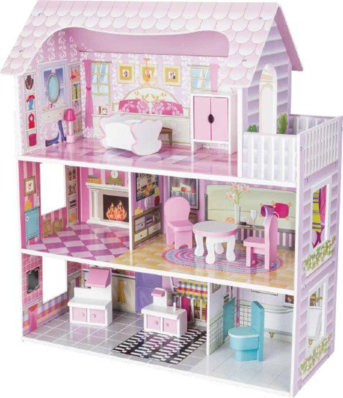 Wooden Dollhouse with 9 Pieces of Furniture Wooden Dollhouse with 9 Pieces of Furniture