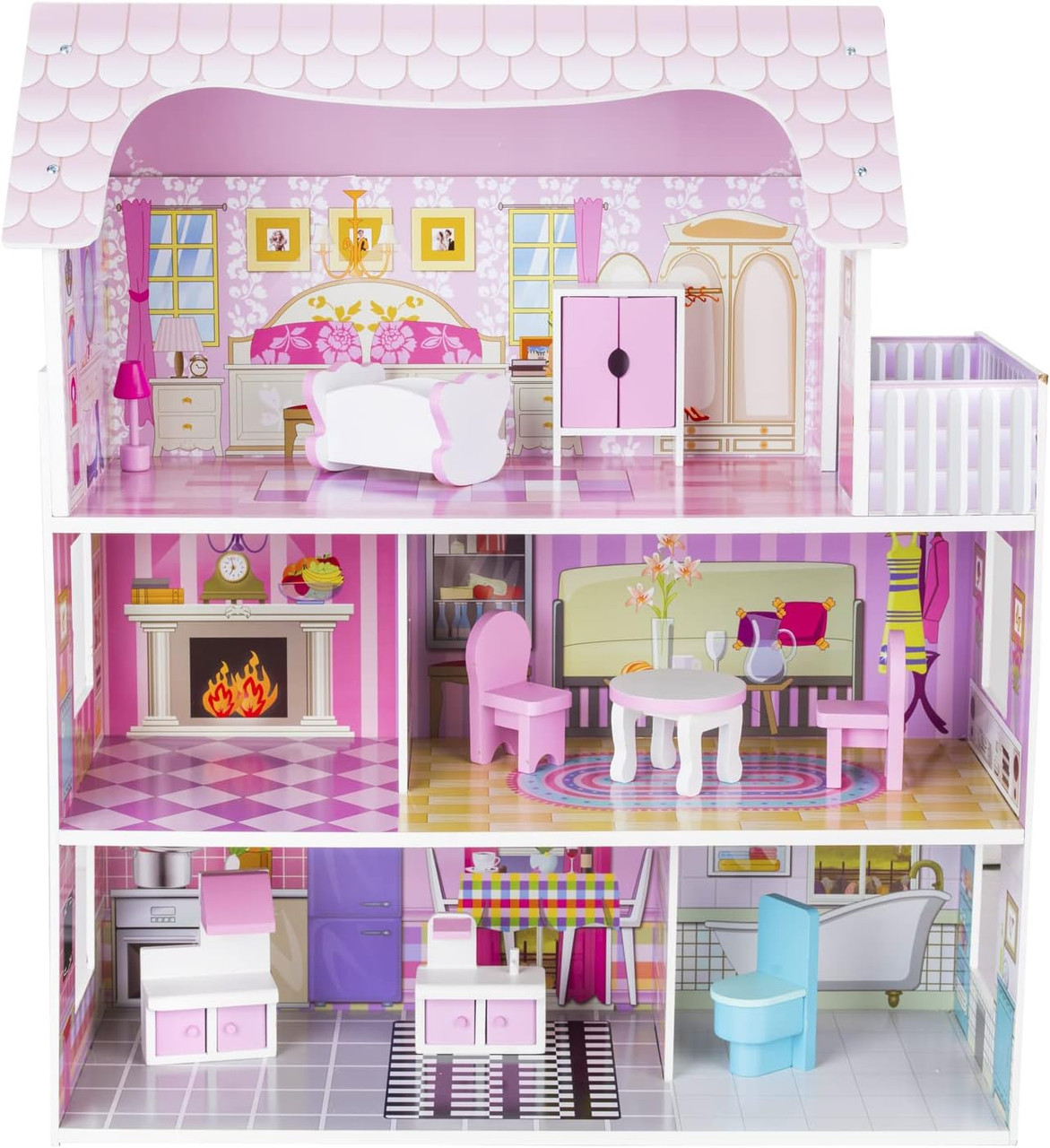 Wooden Dollhouse with 9 Pieces of Furniture Wooden Dollhouse with 9 Pieces of Furniture