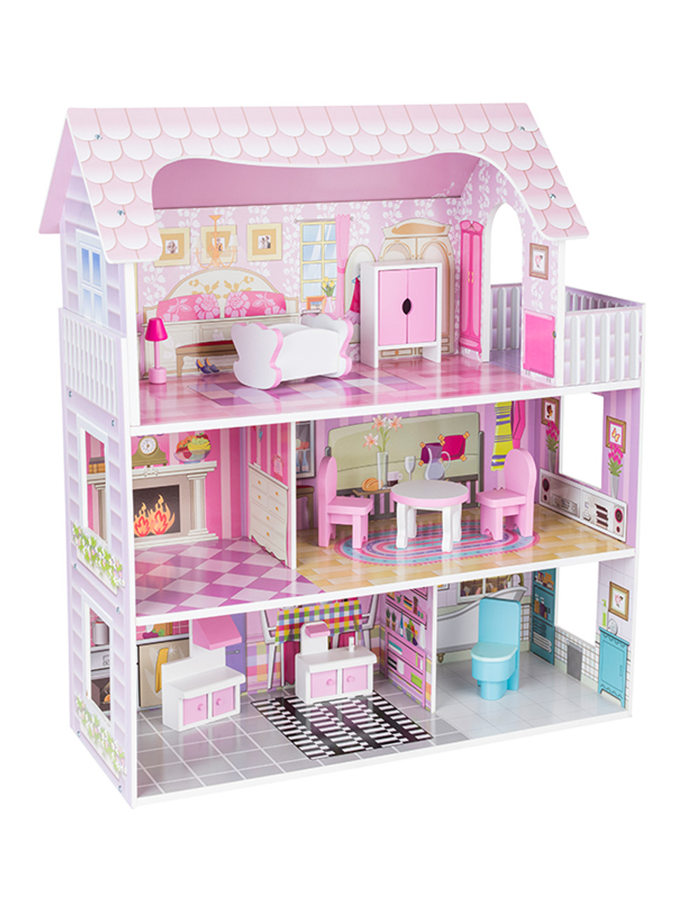 Wooden Dollhouse with 9 Pieces of Furniture Wooden Dollhouse with 9 Pieces of Furniture