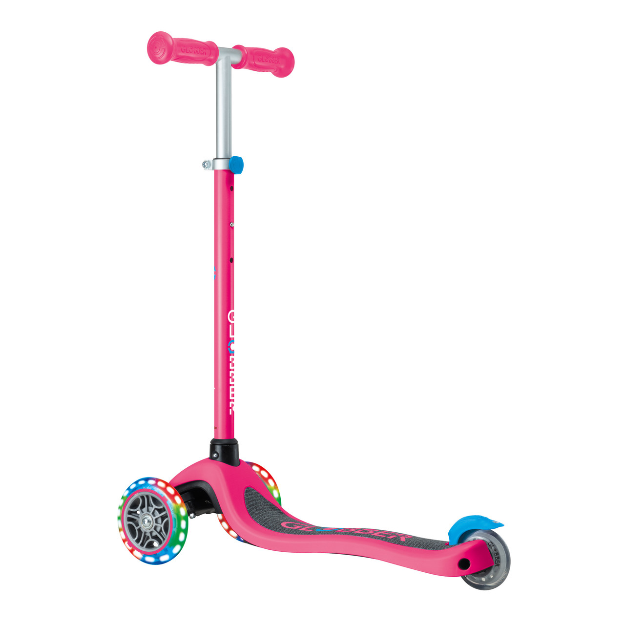 Globber Primo V2 scooter with Lights and Griptape - Fuchsia Pink / Sky Blue