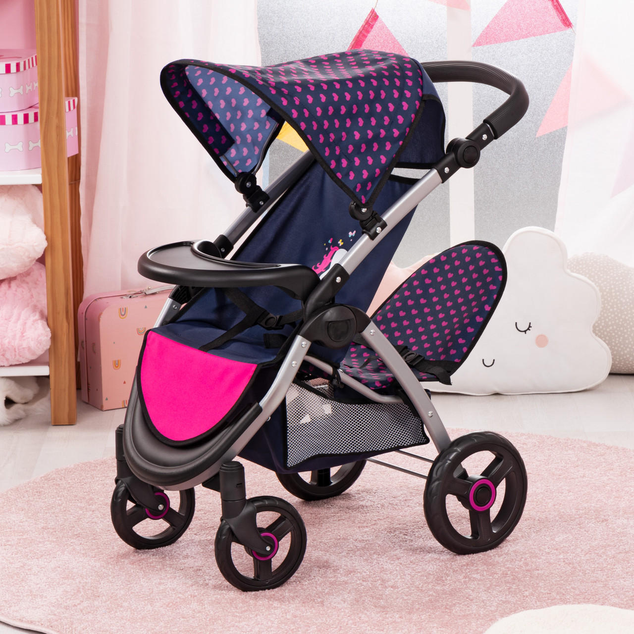 Doll Pram Twin Star - Blue with Pink Hearts & Unicorn Doll Pram Twin Star - Blue with Pink Hearts & Unicorn